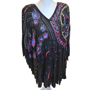 Vintage 80s Judith Ann Plus Dress Caftan Silk Sequin Colorful Flapper ArtDeco XL